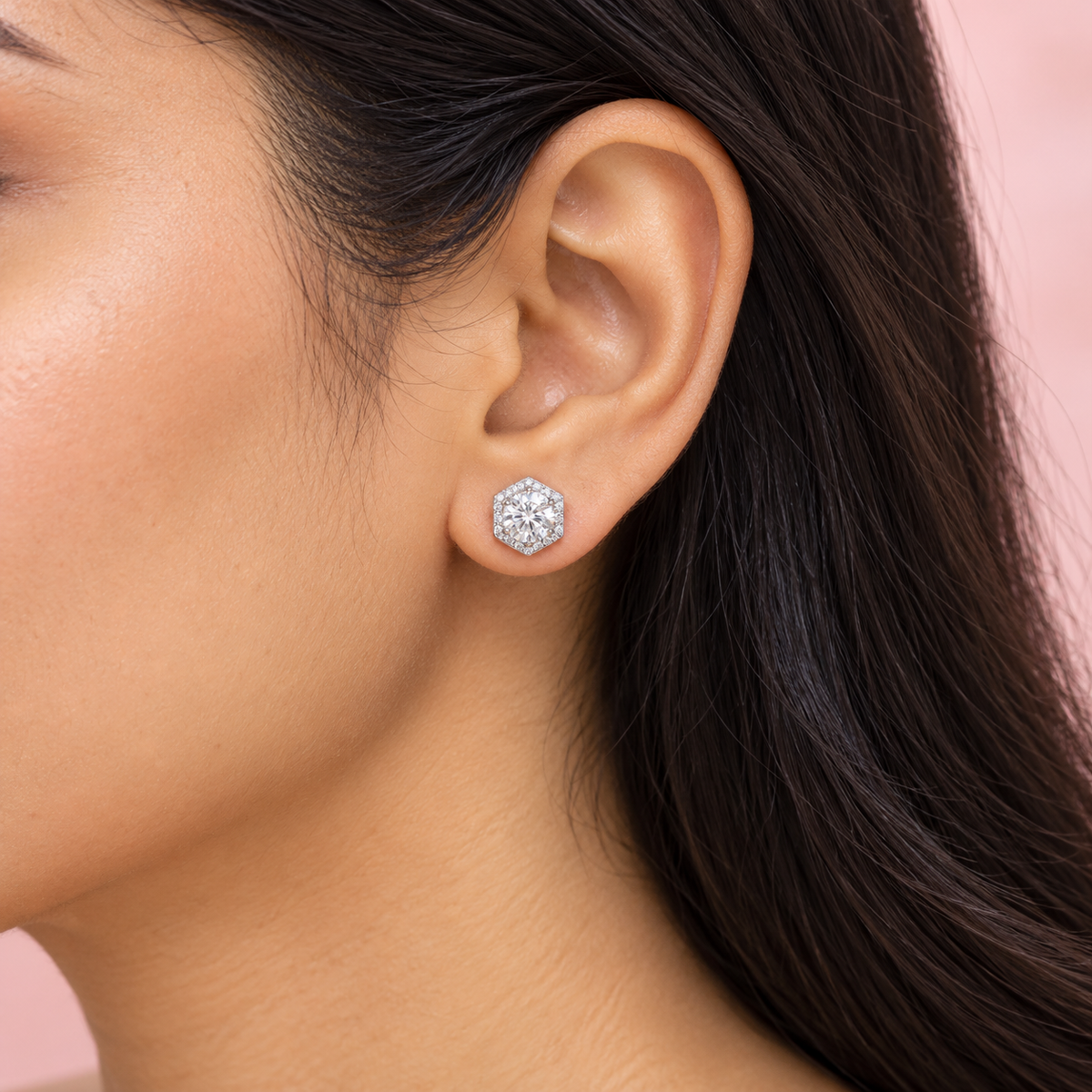 Hexagon Halo Studs (Sterling Silver)