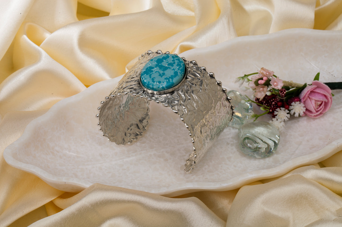 Desert Sky - Textured Silver Cuff with Turquoise Focal
