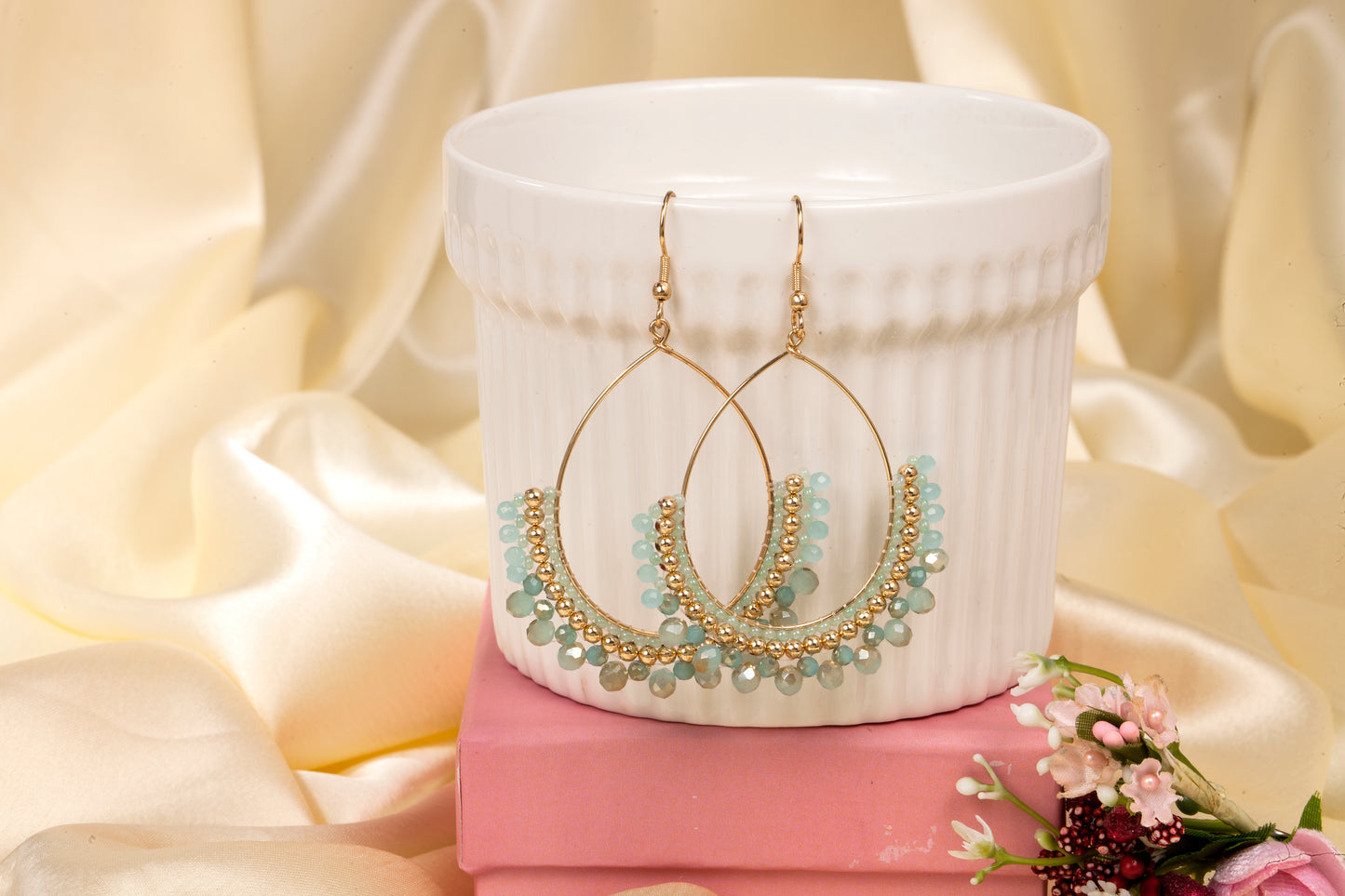 Sea Whisper - Mint & Gold Beaded Hoop Earrings
