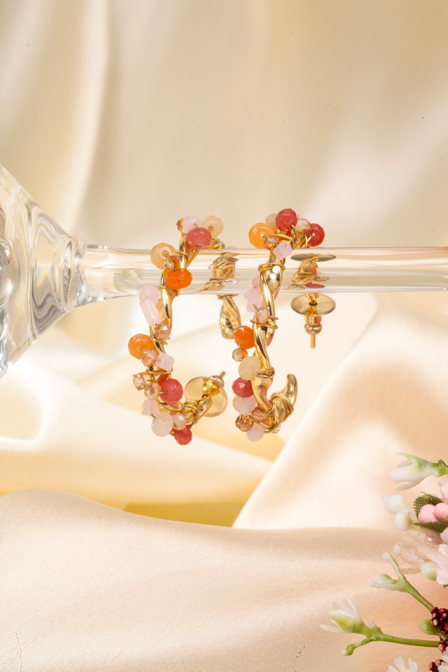 Sunset Bloom - Gemstone-Embellished Hoops (18K Gold Finish)