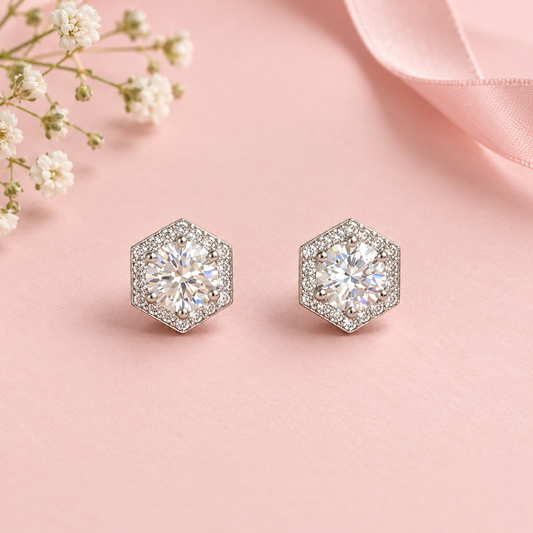Hexagon Halo Studs (Sterling Silver)