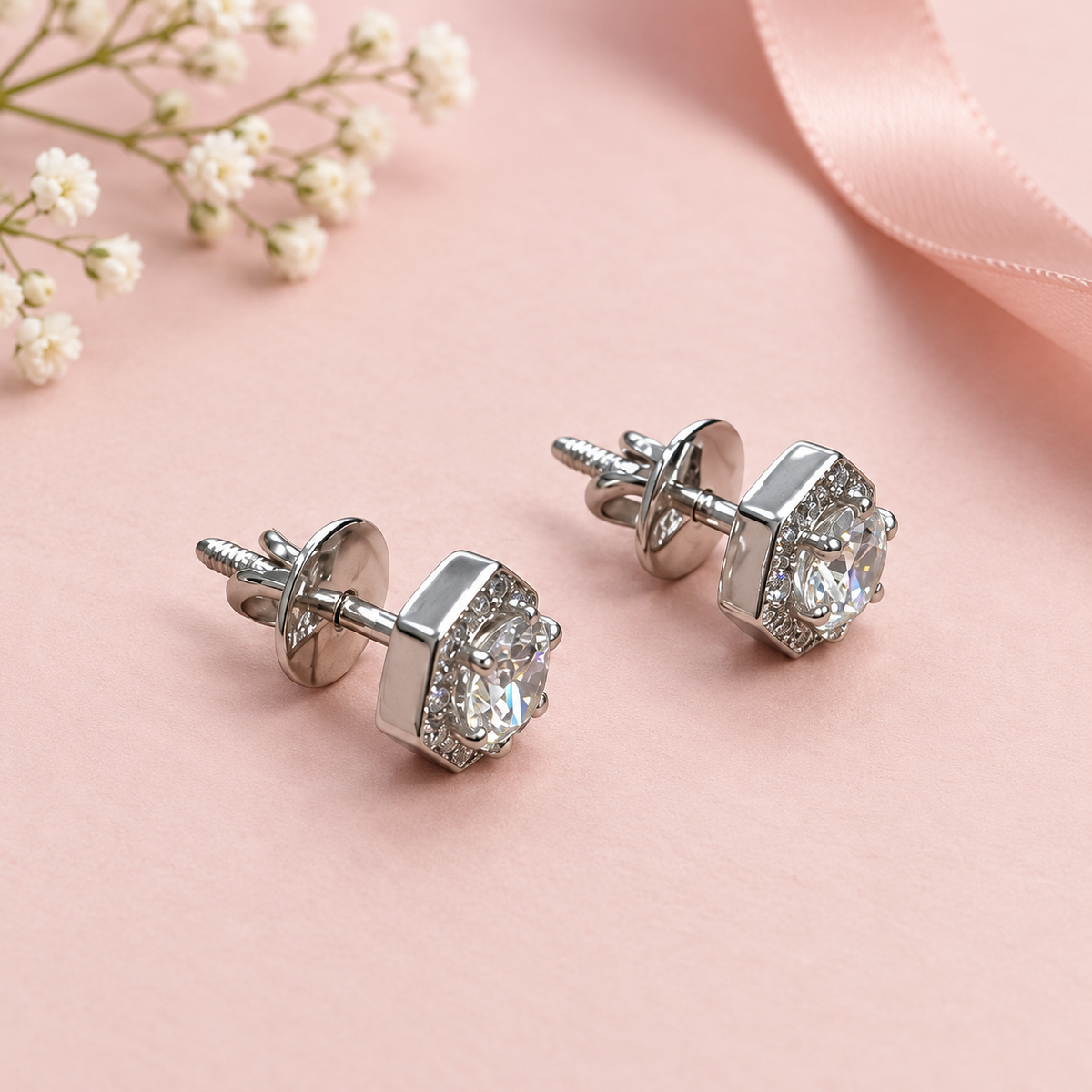 Hexagon Halo Studs (Sterling Silver)