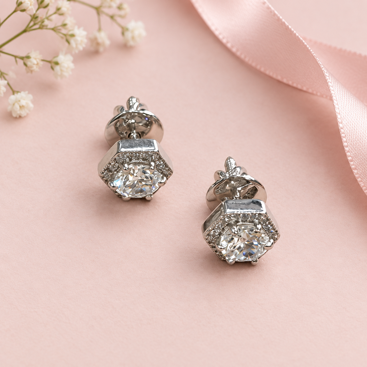 Hexagon Halo Studs (Sterling Silver)