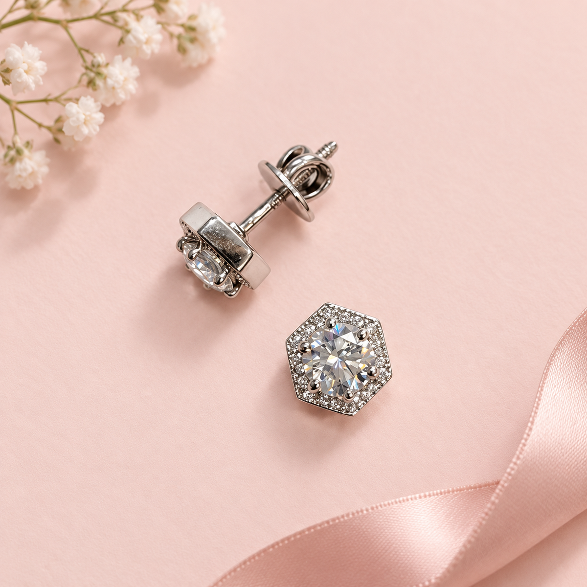 Hexagon Halo Studs (Sterling Silver)