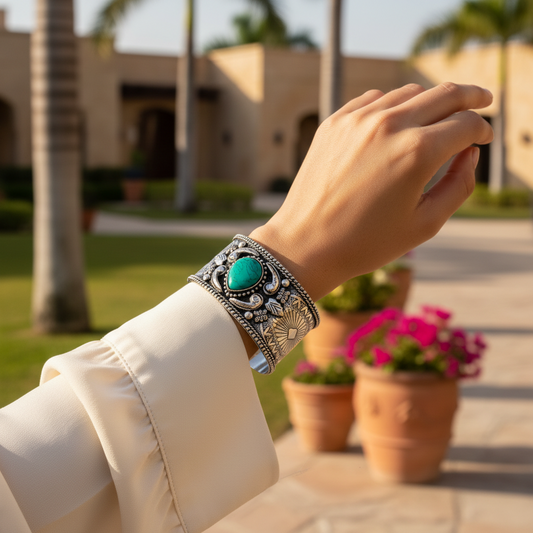 Tribal Soul - Antique Silver Cuff with Turquoise Center