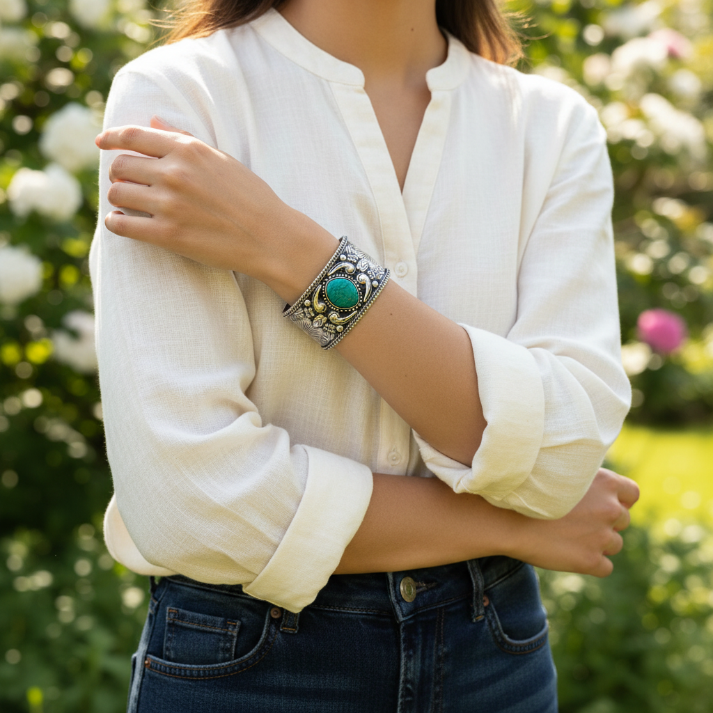 Tribal Soul - Antique Silver Cuff with Turquoise Center