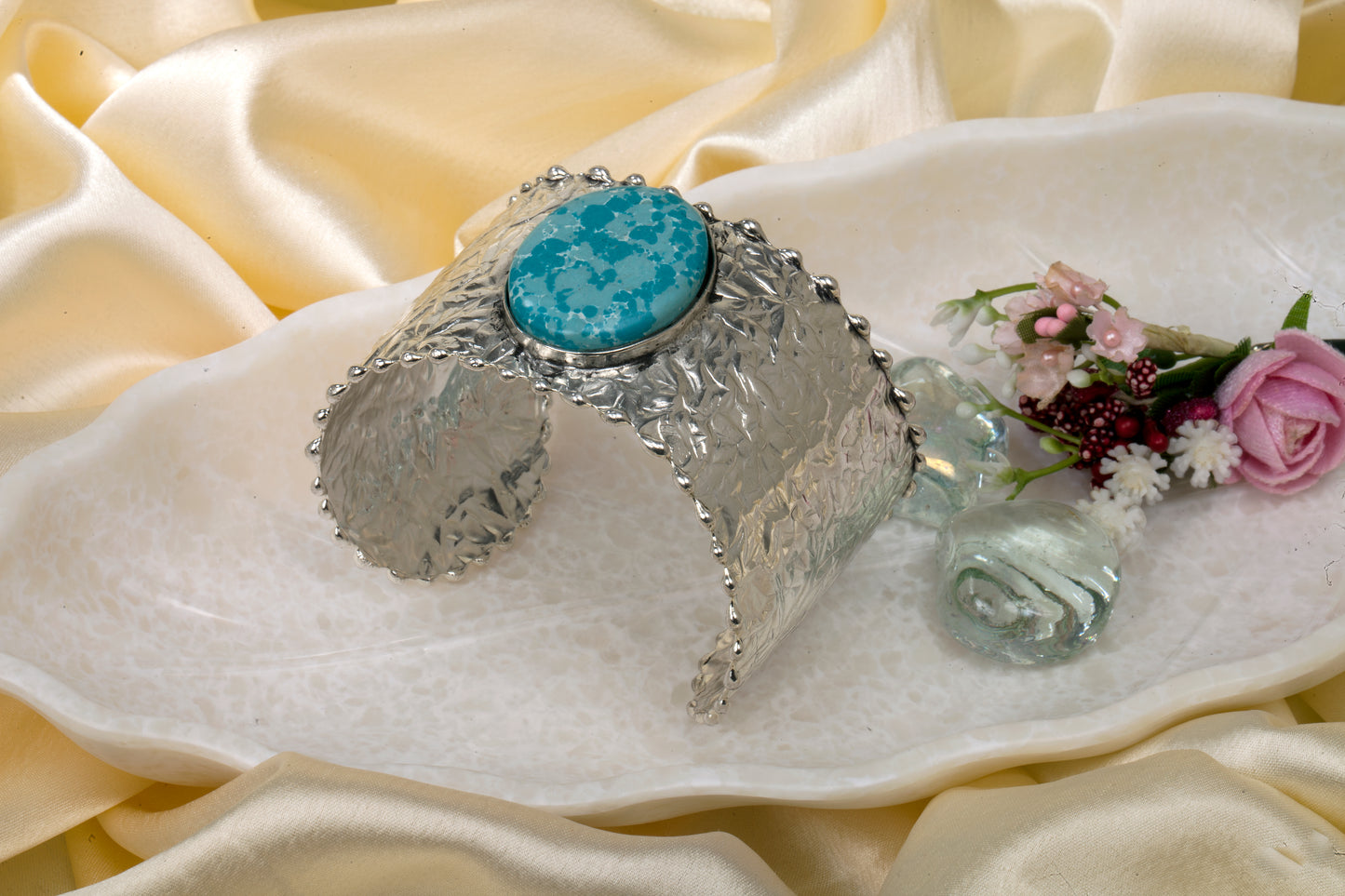 Desert Sky - Textured Silver Cuff with Turquoise Focal
