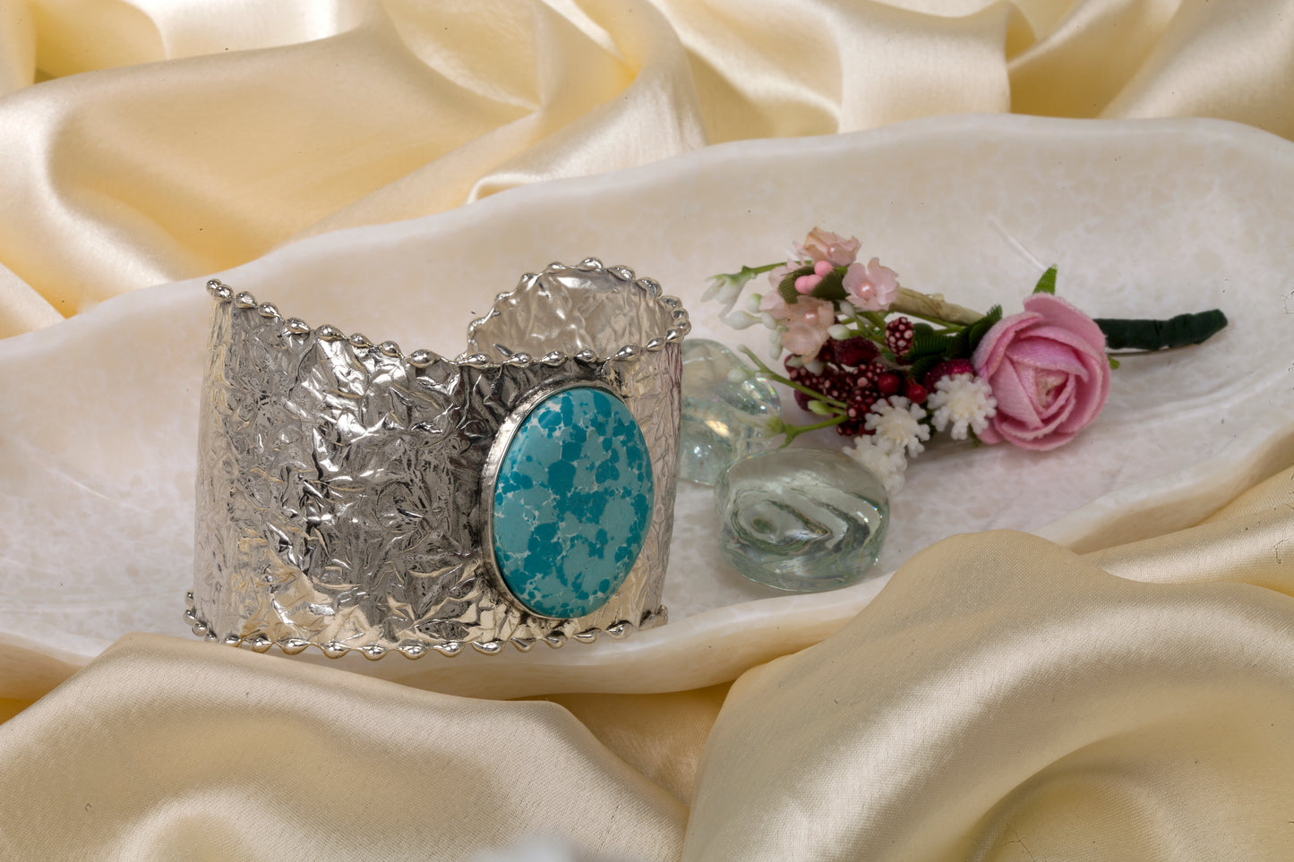 Desert Sky - Textured Silver Cuff with Turquoise Focal