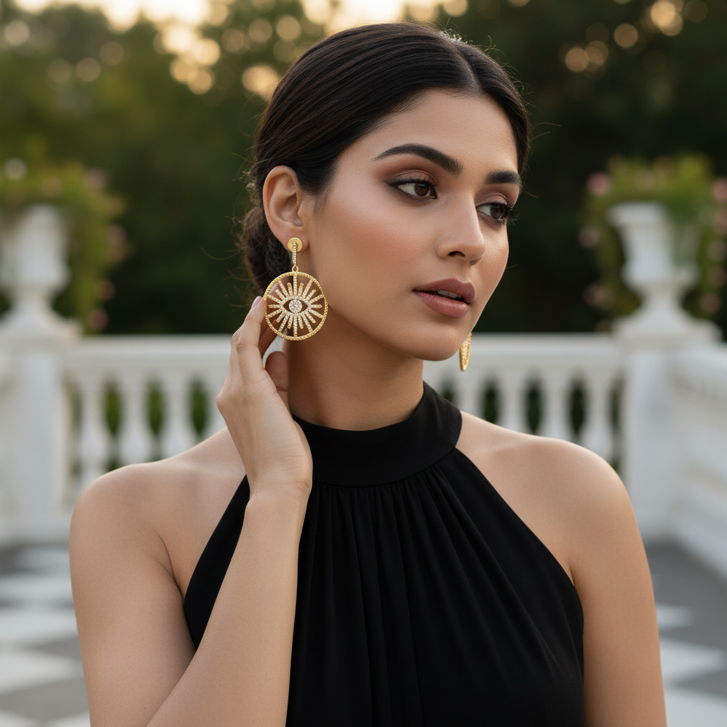 Celestial Gaze - Crystal Evil Eye Statement Earrings - 18K Gold Finish