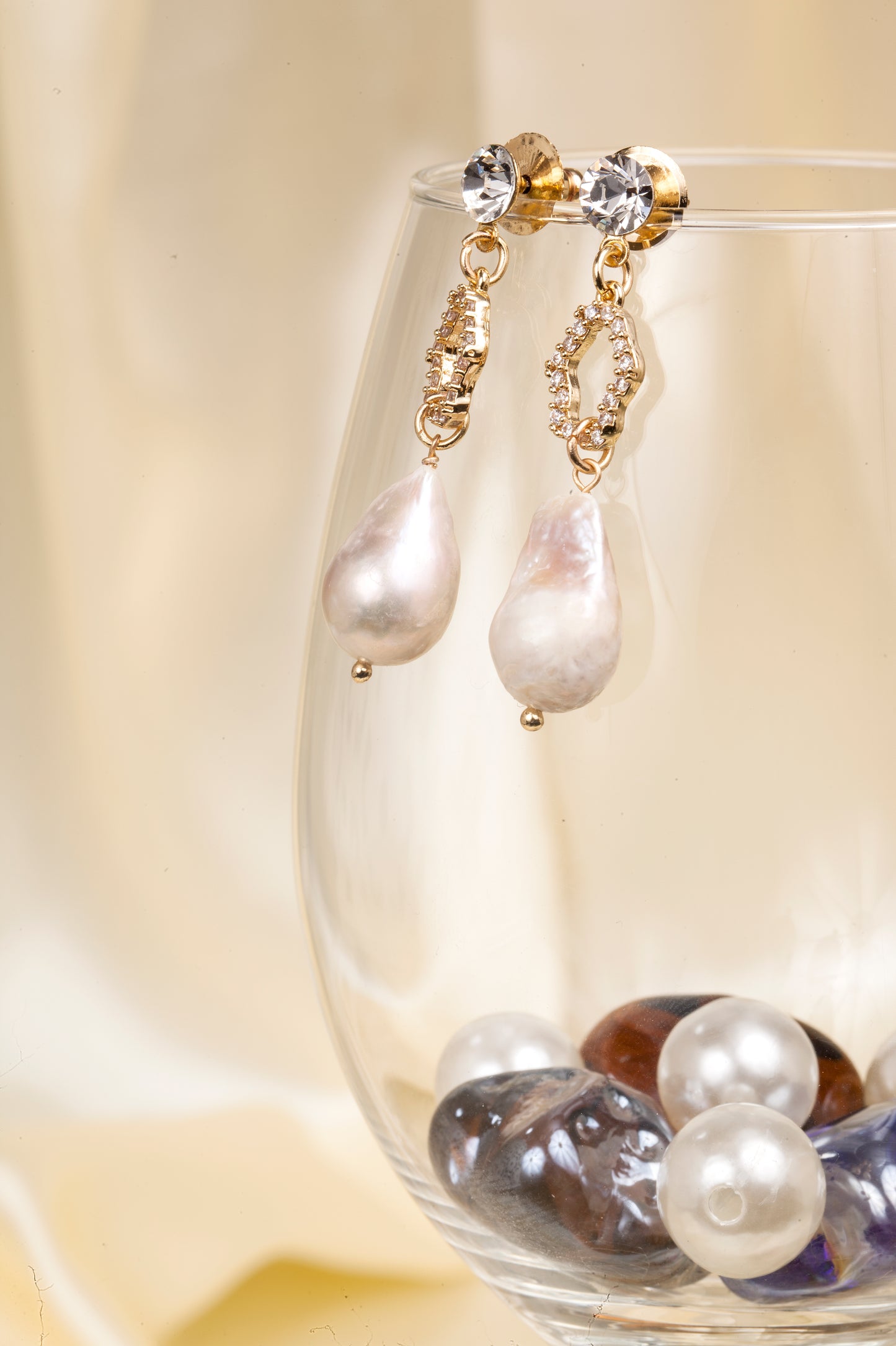 Golden Dew - Crystal & Baroque Pearl Drop Earrings