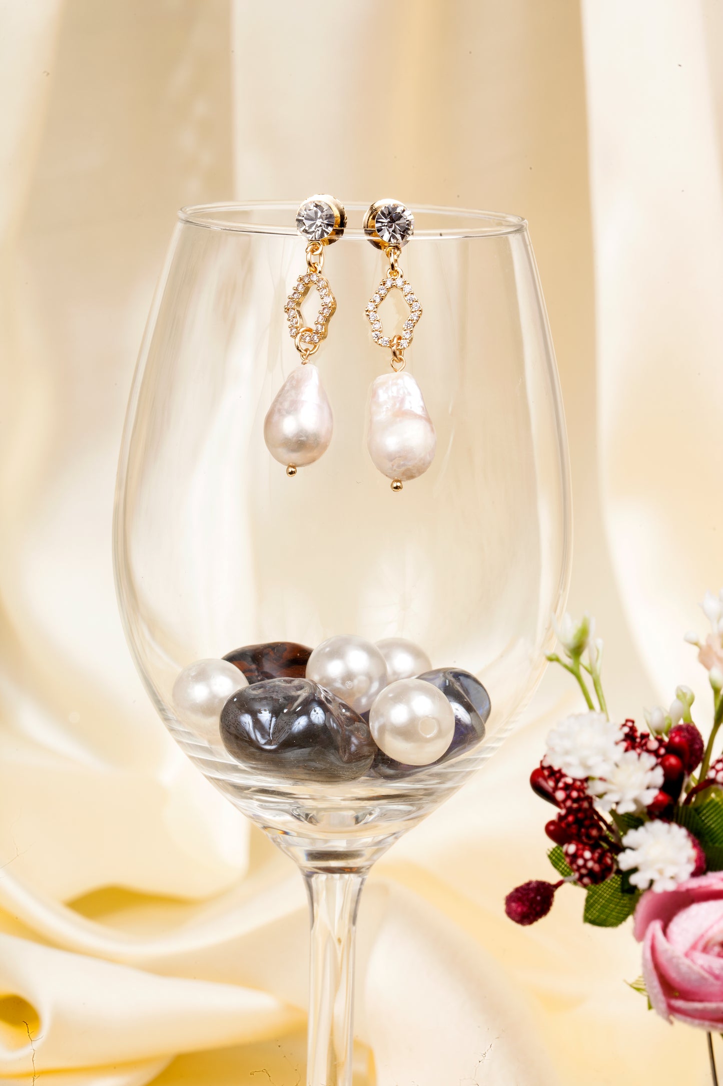 Golden Dew - Crystal & Baroque Pearl Drop Earrings