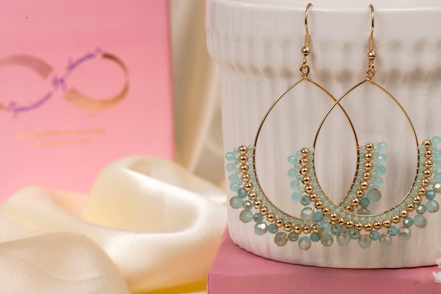 Sea Whisper - Mint & Gold Beaded Hoop Earrings