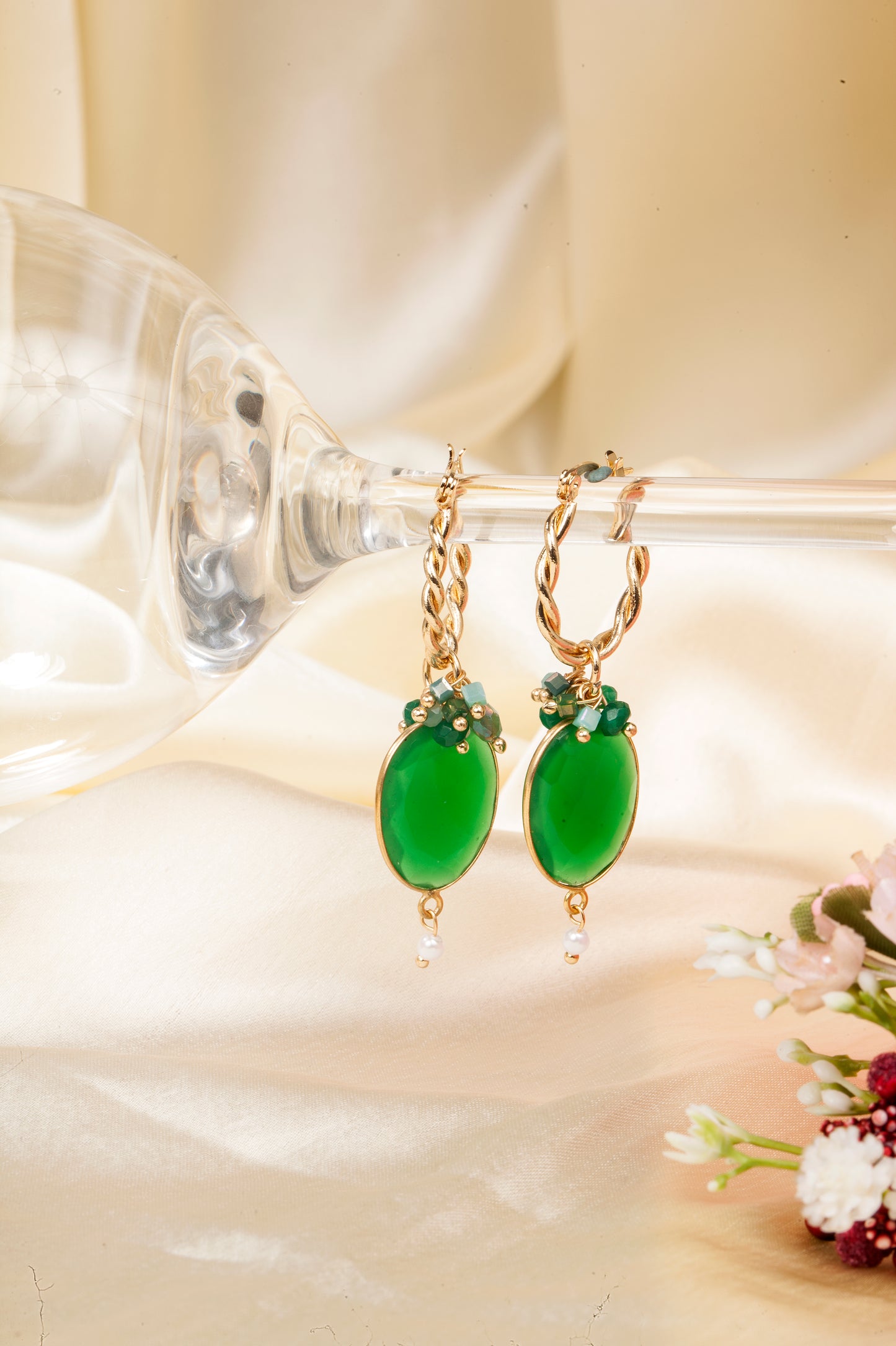 Emerald Whirl - Semi Precious Stone Hoop Earrings