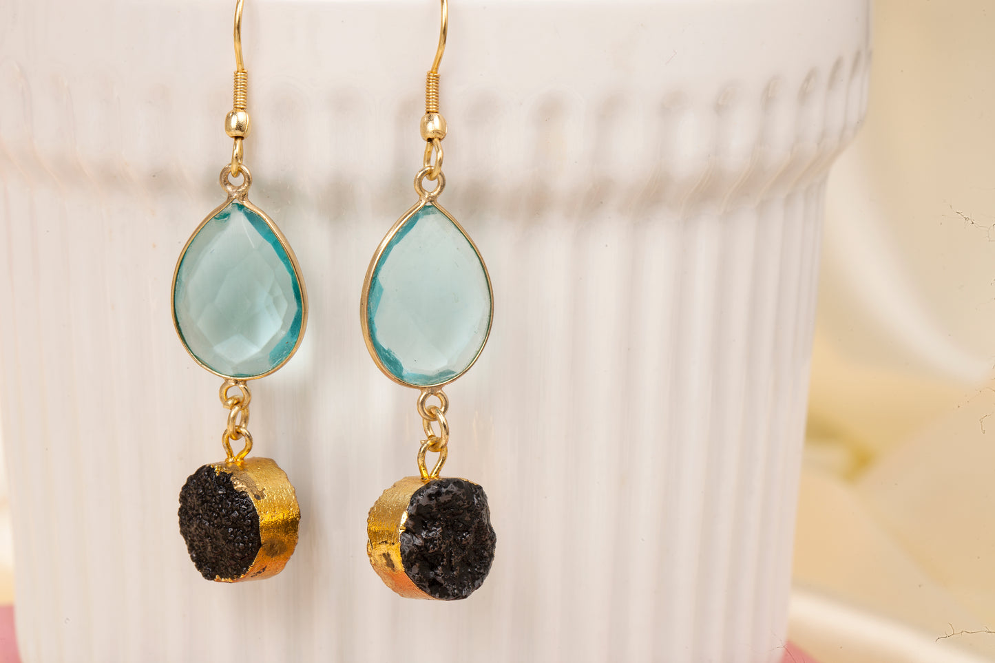 Ocean Nightfall - Aqua Chalcedony & Black Druzy Drop Earrings
