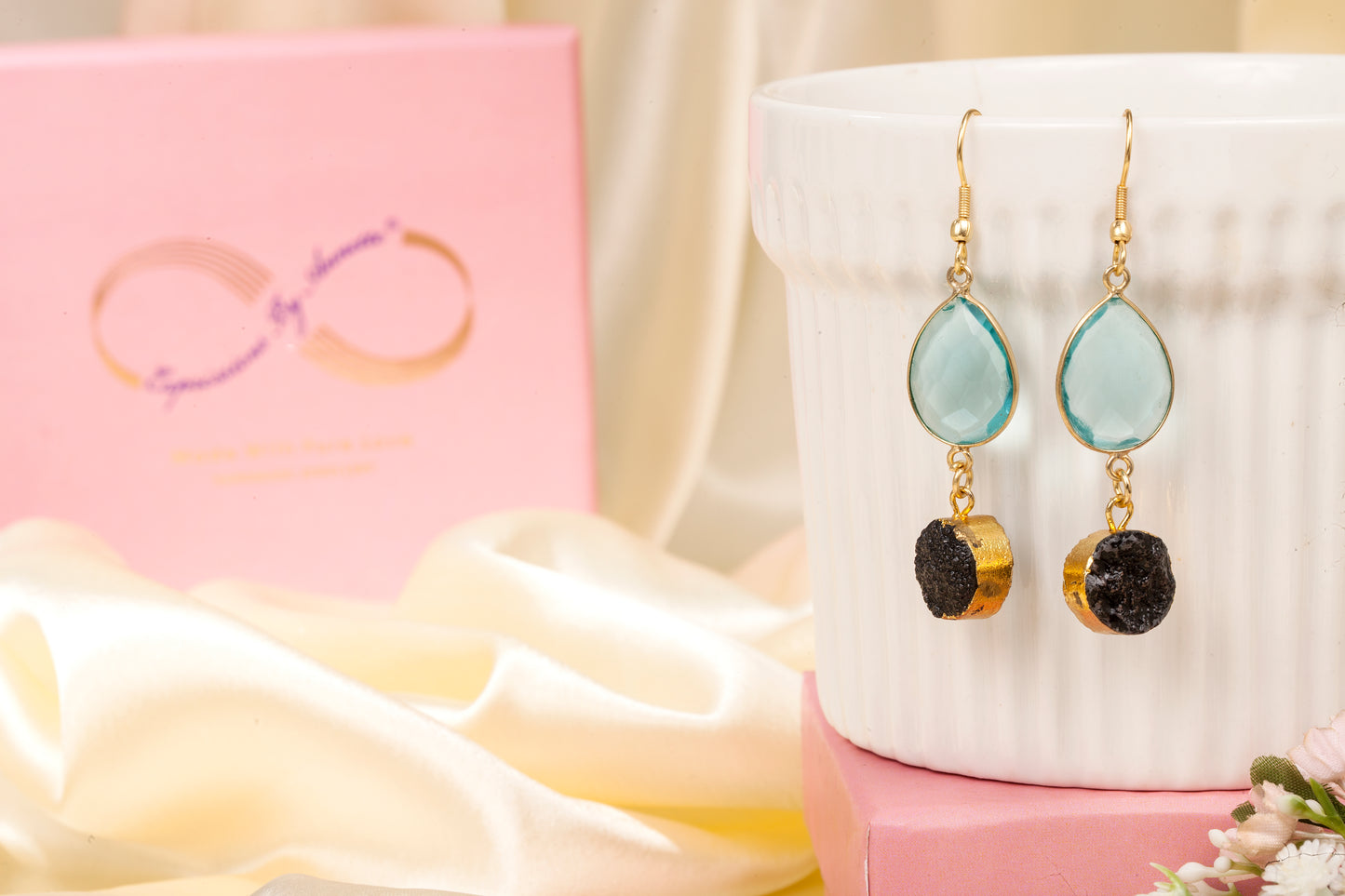 Ocean Nightfall - Aqua Chalcedony & Black Druzy Drop Earrings